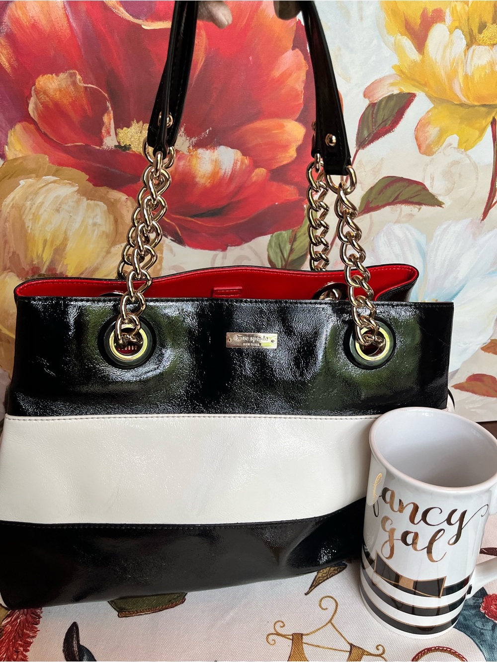 Kate Spade Black, White & Red w/Polka Dot Interior Patent Leather Shoulder Tote